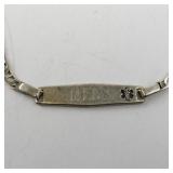 Sterling Silver Medical ID Bracelet 925 Marked 7.5in