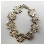 Sterling Silver 925 Floral Link Bracelet 7.5 in