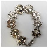 Sterling Silver 925 Floral Link Bracelet 7.5 in