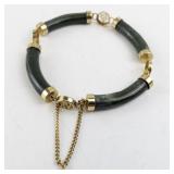 Gold Tone and Green Stone Tube Link Bracelet with Safety Chain 7.5in