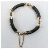 Gold Tone and Green Stone Tube Link Bracelet with Safety Chain 7.5in