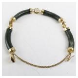 Gold Tone and Green Stone Tube Link Bracelet with Safety Chain 7.5in