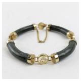 Gold Tone and Green Stone Tube Link Bracelet with Safety Chain 7.5in