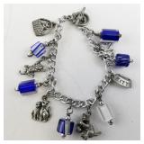 7.5in Basic Metal Cat-Themed Charm Bracelet with Blue and Clear Beads