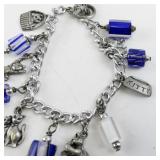 7.5in Basic Metal Cat-Themed Charm Bracelet with Blue and Clear Beads