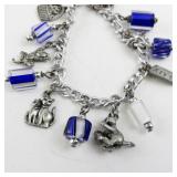 7.5in Basic Metal Cat-Themed Charm Bracelet with Blue and Clear Beads