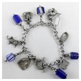 7.5in Basic Metal Cat-Themed Charm Bracelet with Blue and Clear Beads