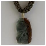 Carved Jadite Jade Pendant Necklace with Woven Chain