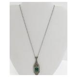Art Deco Style Base Metal Necklace with Green Glass Stone
