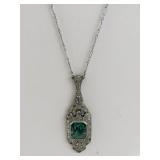 Art Deco Style Base Metal Necklace with Green Glass Stone