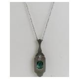 Art Deco Style Base Metal Necklace with Green Glass Stone