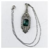 Art Deco Style Base Metal Necklace with Green Glass Stone