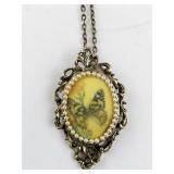 Vintage Butterfly Cameo Pendant Necklace with Pin Back