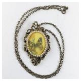 Vintage Butterfly Cameo Pendant Necklace with Pin Back