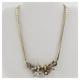 Vintage Gold-Tone Base Metal Necklace with Rhinestone Floral Centerpiece