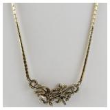 Vintage Gold-Tone Base Metal Necklace with Rhinestone Floral Centerpiece