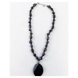 Beaded Necklace with Large Black Stone Pendant
