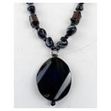 Beaded Necklace with Large Black Stone Pendant