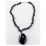 Beaded Necklace with Large Black Stone Pendant