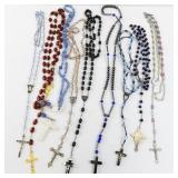 Collection of 9 Vintage and Modern Rosary Bead Necklaces with Cross Pendants