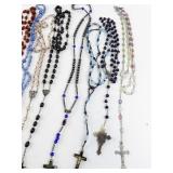 Collection of 9 Vintage and Modern Rosary Bead Necklaces with Cross Pendants