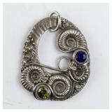 Vintage Silver Brooch with Blue and Green Stones, Nautilus Design