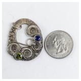 Vintage Silver Brooch with Blue and Green Stones, Nautilus Design