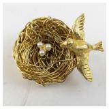 Vintage Gold Tone Bird Nest Brooch with Pearl Eggs