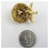 Vintage Gold Tone Bird Nest Brooch with Pearl Eggs