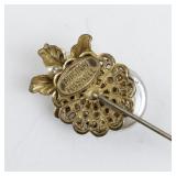 Miriam Haskell Vintage Gold Tone Floral Hat Pin with Faux Pearls