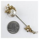 Miriam Haskell Vintage Gold Tone Floral Hat Pin with Faux Pearls