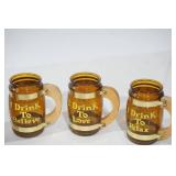 Vintage Brown Glass Beer Mugs w/Wooden Handles. "I drink to..." (5ct)