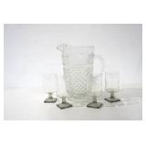 vintage glass pitcher with 4 stemmed glasses