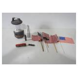 Ozark Trail Lantern, Flashlights, Swiss Army Knife, American Flags