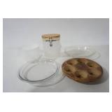 2 Glass Pie Plates, Muffin Pan, and Decorative Poly Container