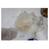 Vintage Jefferson Glass? Opalescent Bowl, Terracotta Bell, Metal Decorative Coffee Pot and other Decor