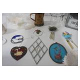 Vintage Jefferson Glass? Opalescent Bowl, Terracotta Bell, Metal Decorative Coffee Pot and other Decor
