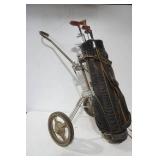 Vintage Golf Bag, Cart, & Clubs (4 wood clubs)