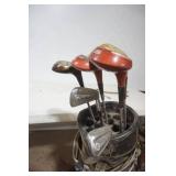 Vintage Golf Bag, Cart, & Clubs (4 wood clubs)