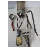 Hardware Lot: Small ratchet and sockets, oil filter wrench, long needle nose pliers, pry bar, zip ties