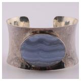 Vintage Avi Soffer Israel Agate Sterling Silver .925 Hammerwork Cuff