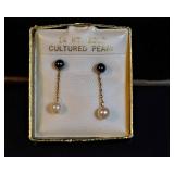 14K Gold Cultured Pearl Dangle Earrings – White & Blue Pearls