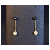 14K Gold Cultured Pearl Dangle Earrings – White & Blue Pearls