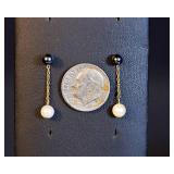 14K Gold Cultured Pearl Dangle Earrings – White & Blue Pearls