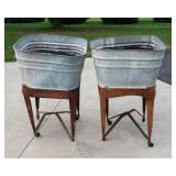 Set of 2 Galvanized Wash Basins on Stands