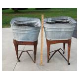 Set of 2 Galvanized Wash Basins on Stands