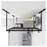 FLEXIMOUNTS OHK Series 48 in. W x 96 in. D x 22-40 in. H Black Ceiling Mounted Overhead Garage Storage Rack with Accessory Hooks   Customer Returns See Pictures