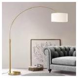 Orbita 82 in. Antique Brass Furnish LED Dimmable Retractable Arch Floor Lamp, Bulb Included with Drum White Shade by HomeGlam Customer Returns See Pictures