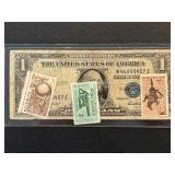 1935 F Blue Seal $1 Dollar Silver Certificate and Stamps