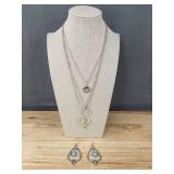 Layered Silvertone Necklace Set with Turquoise-Style Earrings - Brand New Layered Silvertone Necklace Set with Turquoise-Style Earrings - Brand New